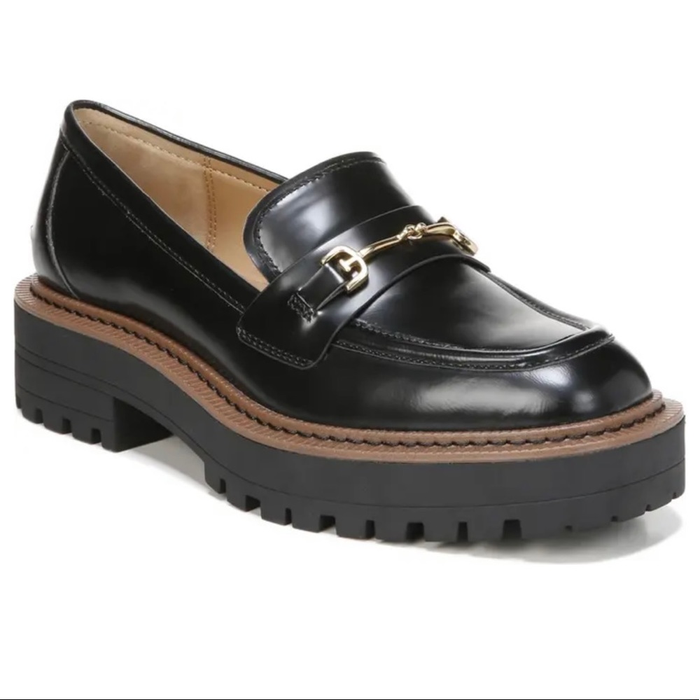 Sam Edelman Black Leather Lug Sole Loafers with Gold Bit